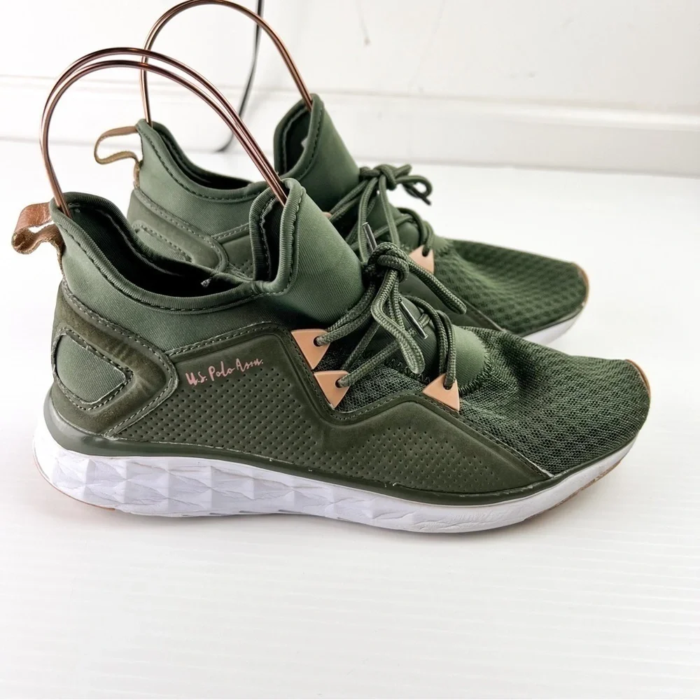 US Polo Assn Womens 7.5 Lace Up Lightweight Shoes Green White Athletic Trainers
